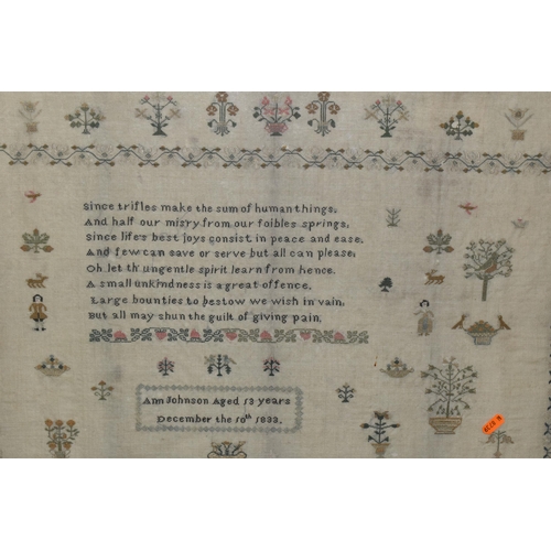 599 - A GEORGIAN WILLIAM IV NEEDLEWORK SAMPLER, worked by 'Ann Johnson Aged 13 Years, December 10th 1833',... 