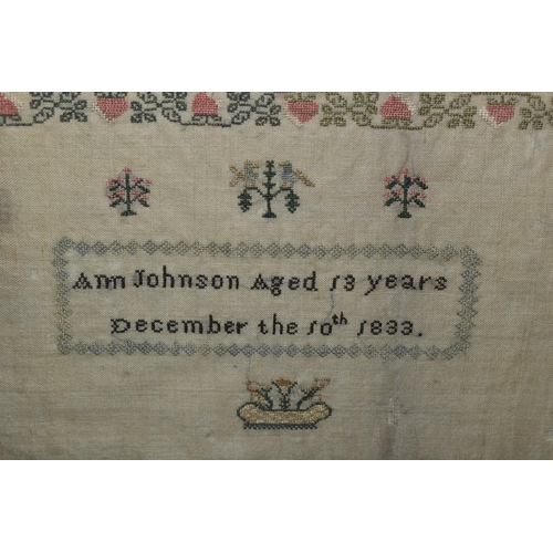 599 - A GEORGIAN WILLIAM IV NEEDLEWORK SAMPLER, worked by 'Ann Johnson Aged 13 Years, December 10th 1833',... 