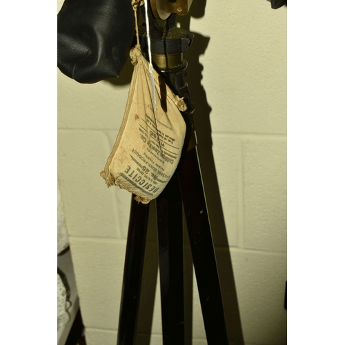 507 - A BRASS ELBOW TELESCOPE ON TRIPOD, telescope with sights, weighted bag included,  tripod marked 'Lam... 