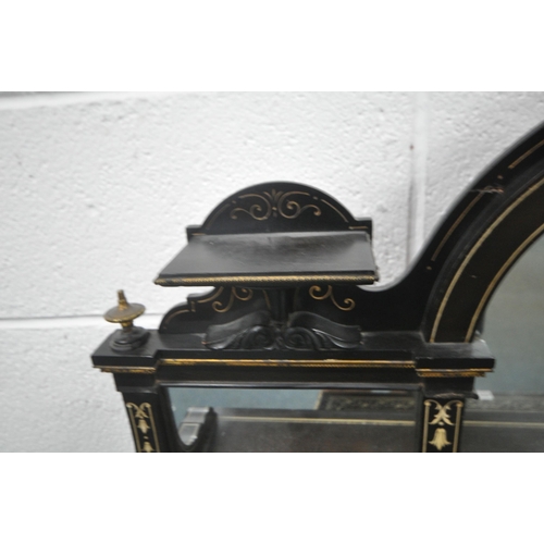 1209 - A NAPOLEON III EBONISE MIRROR BACK SIDE TABLE, the raised back with three small and one long shelf, ... 