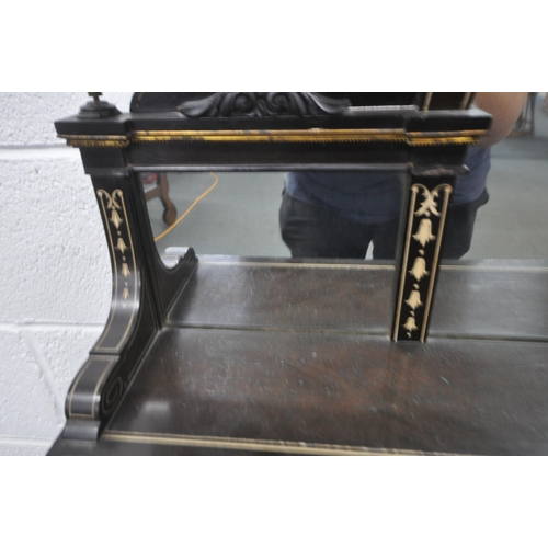 1209 - A NAPOLEON III EBONISE MIRROR BACK SIDE TABLE, the raised back with three small and one long shelf, ... 