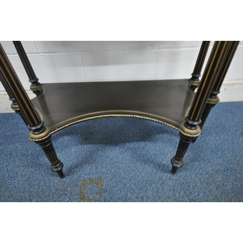 1209 - A NAPOLEON III EBONISE MIRROR BACK SIDE TABLE, the raised back with three small and one long shelf, ... 