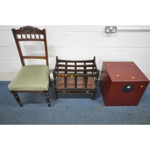 1217 - AN ORIENTAL LIDDED STORAGE CHEST, 45cm cubed, a mahogany canterbury, and a chair (condition report: ... 