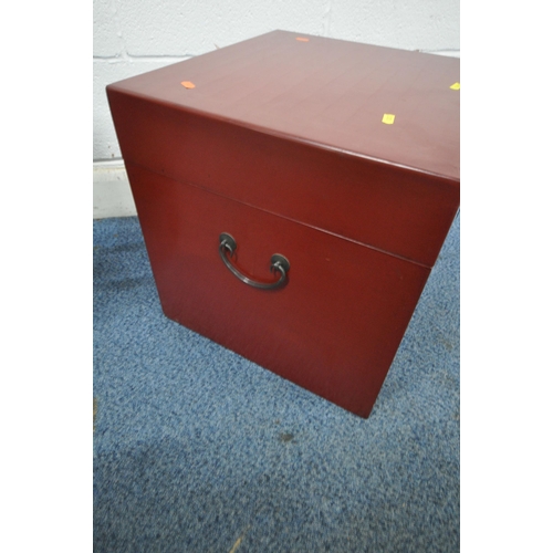 1217 - AN ORIENTAL LIDDED STORAGE CHEST, 45cm cubed, a mahogany canterbury, and a chair (condition report: ... 