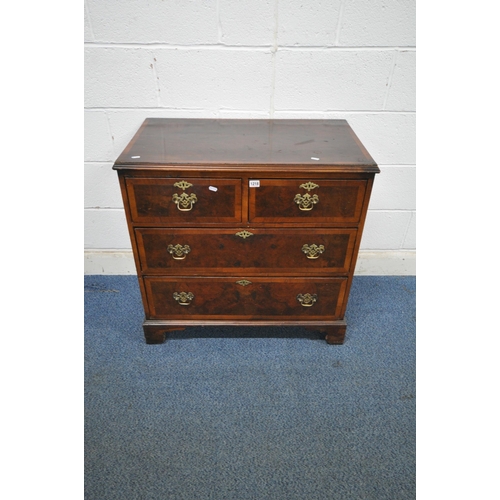 1218 - A 19TH OR EARLIER BURR WALNUT AND CROSSBANDED CHEST OF TWO SHORT OVER TWO LONG DRAWERS, raised on br... 