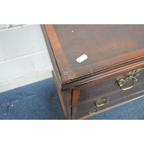 1218 - A 19TH OR EARLIER BURR WALNUT AND CROSSBANDED CHEST OF TWO SHORT OVER TWO LONG DRAWERS, raised on br... 