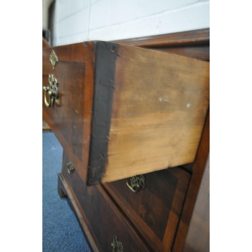 1218 - A 19TH OR EARLIER BURR WALNUT AND CROSSBANDED CHEST OF TWO SHORT OVER TWO LONG DRAWERS, raised on br... 