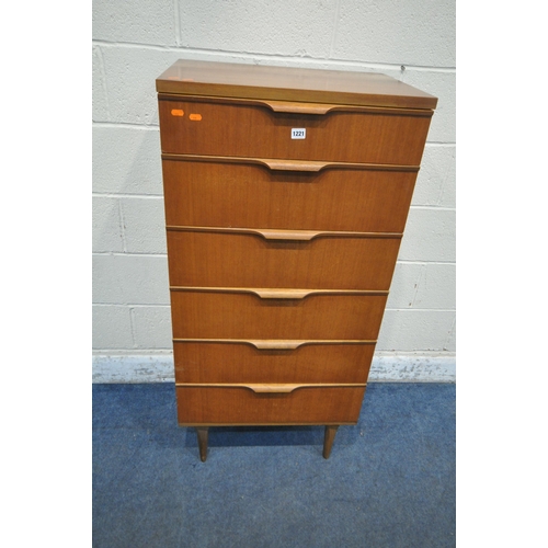 1221 - AUSTINSUITE, A MID CENTURY TEAK CHEST OF SIX DRAWERS, raised on tapered legs, width 61cm x depth 44c... 