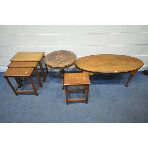 1226 - A SELECTION OF HARDWOOD OCCASIONAL TABLES, all with brass inlay, to include an oval coffee table, le... 