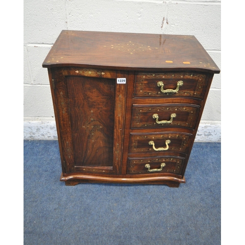 1229 - A HARDWOOD CABINET, with a serpentine front, brass inlay, fitted with four drawers and a single cupb... 