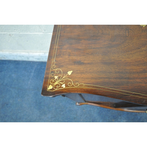 1229 - A HARDWOOD CABINET, with a serpentine front, brass inlay, fitted with four drawers and a single cupb... 