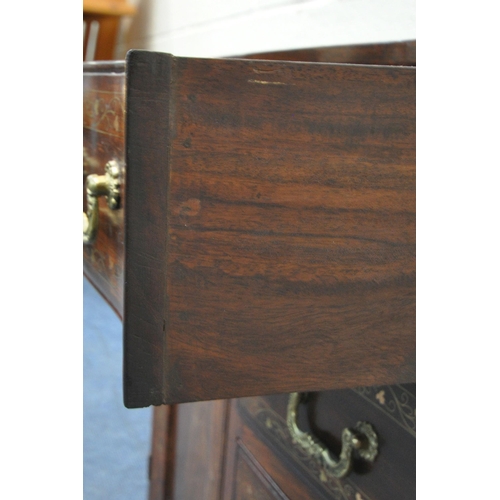 1229 - A HARDWOOD CABINET, with a serpentine front, brass inlay, fitted with four drawers and a single cupb... 