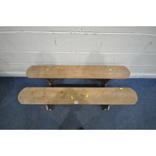 1235 - A PAIR OF PINE BENCHES, raised on trestle legs, length 124cm x depth 28cm x height 48cm (condition r... 