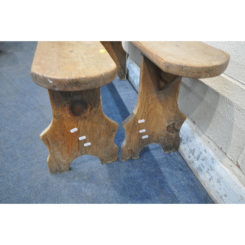 1235 - A PAIR OF PINE BENCHES, raised on trestle legs, length 124cm x depth 28cm x height 48cm (condition r... 