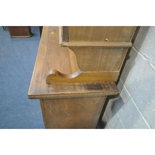 1237 - A 19TH CENTURY PINE DRESSER, the three tier plate rack atop a base with three drawers, above two cup... 