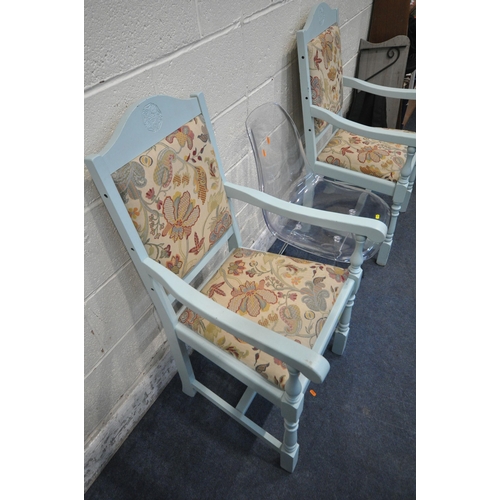 1255 - A PAIR OF LIGHT BLUE PAINTED CARVER CHAIRS, with foliate upholstery, along with a clear perspex chai... 