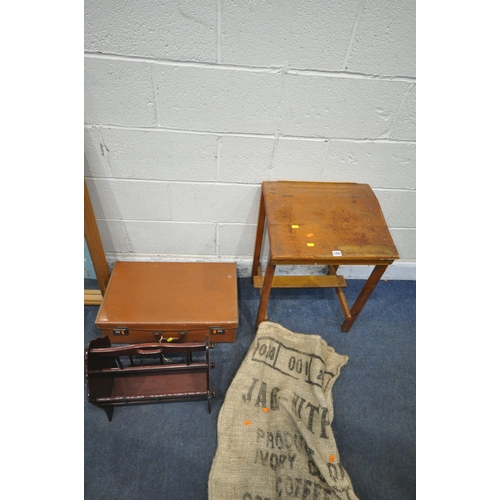 1265 - A PINE OVERMANTEL MIRROR, a small school desk with a hinged lid, a leather case, a blue painted cabi... 