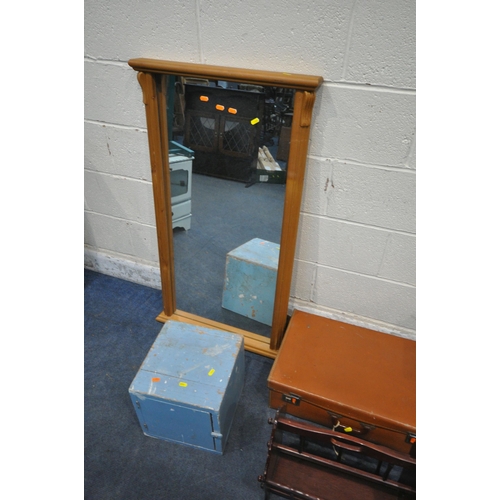 1265 - A PINE OVERMANTEL MIRROR, a small school desk with a hinged lid, a leather case, a blue painted cabi... 