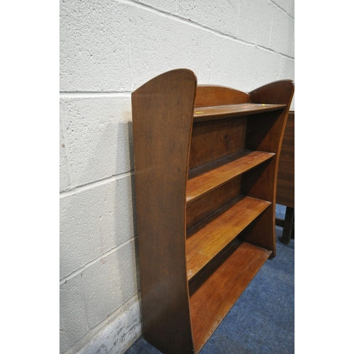 1268 - A TEAK EFFECT DROP LEAF TABLE, along with an open bookcase (condition report: all with general signs... 