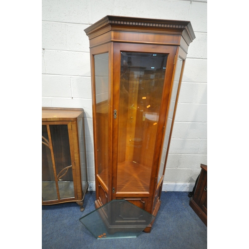 1271 - A 20TH CENTURY SERPENTINE DISPLAY CABINET, with double glazed doors, enclosing two glass shelves, ra... 