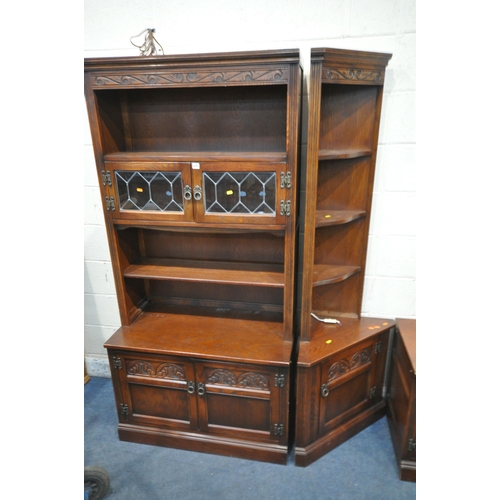 1273 - OLD CHARM, AN OAK WALL CABINET, fitted with double lead glazed doors, shelving and two cupboard door... 