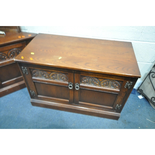 1273 - OLD CHARM, AN OAK WALL CABINET, fitted with double lead glazed doors, shelving and two cupboard door... 