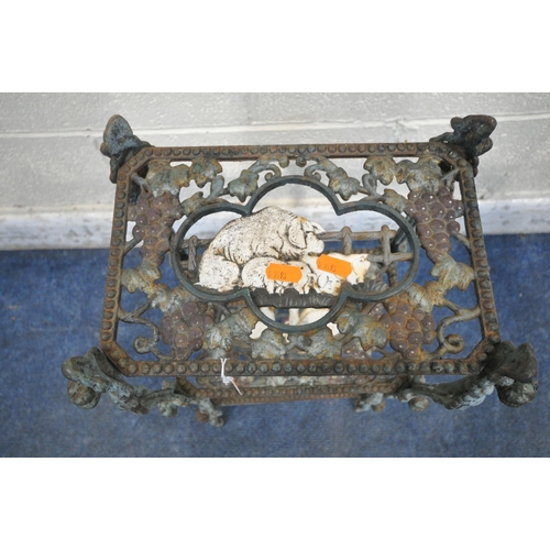 1276 - A CAST IRON THREE TIER POT STAND, each tier depicting different farm animals, width 53cm x depth 23c... 