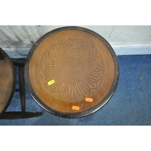 1277 - A FISCHEL CIRCULAR STOOL, a pair of spindle back chairs, along with another chair (condition report:... 