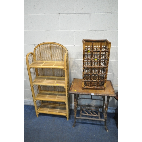 1278 - A WICKER FOUR TIER FOLDING BOOKCASE, a wine rack, a bamboo table, along with three magazine racks (c... 