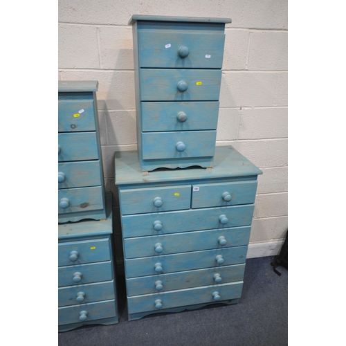 1281 - FOUR PIECES OF BLUE PAINTED PINE FURNITURE, to include a chest of two short over five long drawers, ... 