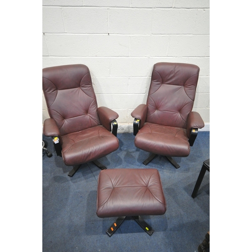 1318 - A PAIR OF IKEA PLUM LEATHERETTE RECLINING ARMCHAIRS, along with a matching footstool (condition repo... 