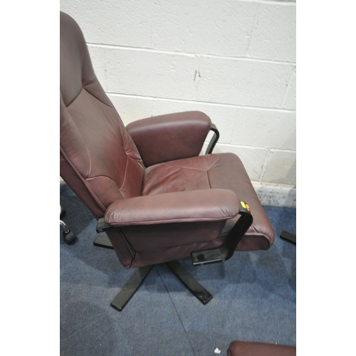 1318 - A PAIR OF IKEA PLUM LEATHERETTE RECLINING ARMCHAIRS, along with a matching footstool (condition repo... 