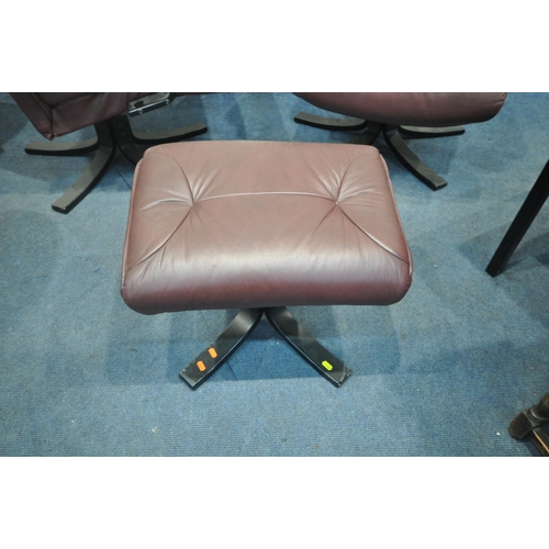 1318 - A PAIR OF IKEA PLUM LEATHERETTE RECLINING ARMCHAIRS, along with a matching footstool (condition repo... 