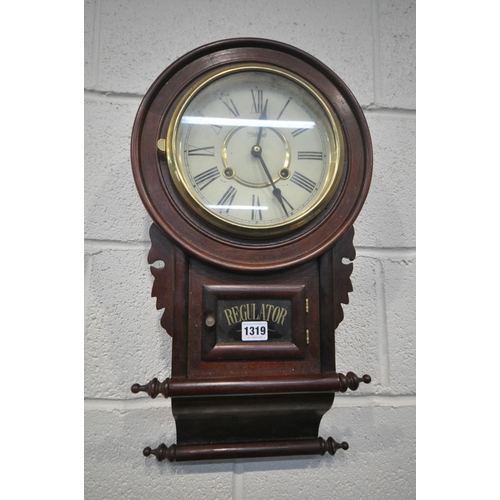 1319 - A 20TH CENTURY REGULATOR WALL CLOCK, the circular glass door enclosing a 7.5 inch enamel dial, depic... 