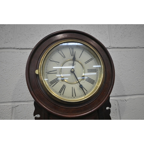 1319 - A 20TH CENTURY REGULATOR WALL CLOCK, the circular glass door enclosing a 7.5 inch enamel dial, depic... 