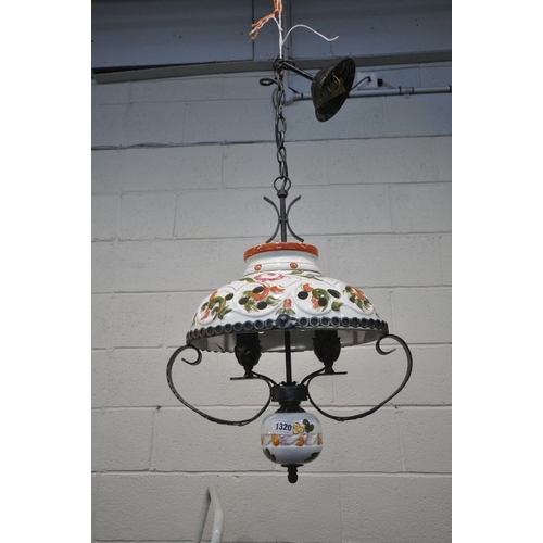 1320 - A HAND PAINTED CERAMIC CEILING LIGHT, with foliate decoration, cradled in a metal frame, width 42cm ... 