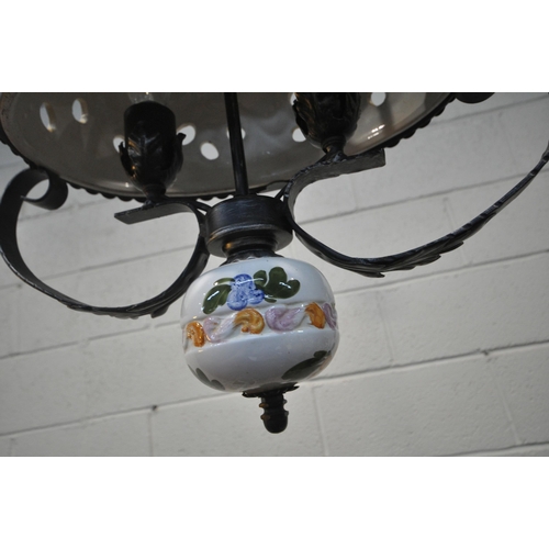 1320 - A HAND PAINTED CERAMIC CEILING LIGHT, with foliate decoration, cradled in a metal frame, width 42cm ... 