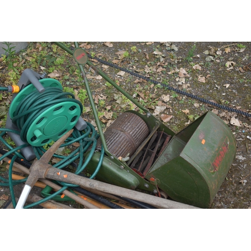 1003 - A WEBB PUSH ALONG CYLINDER LAWN MOWER, with a grass box, along with a selection of vintage garden to... 