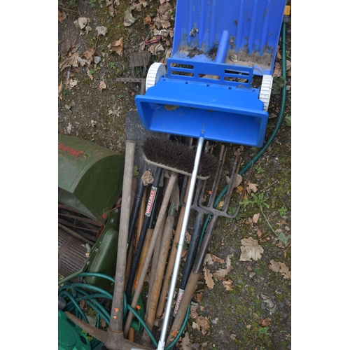 1003 - A WEBB PUSH ALONG CYLINDER LAWN MOWER, with a grass box, along with a selection of vintage garden to... 