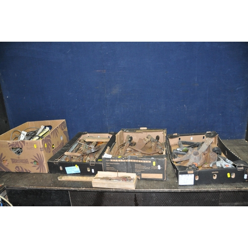 1057 - FOUR TRAYS CONTAINING VINTAGE TOOLS including thread gauges, tap holders, pick axe heads, secateurs,... 