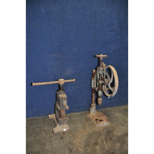 1059 - A VINTAGE MANCUNA A2X DRILL PRESS and a vintage cast iron pipe clamp (both rusted and all operations... 