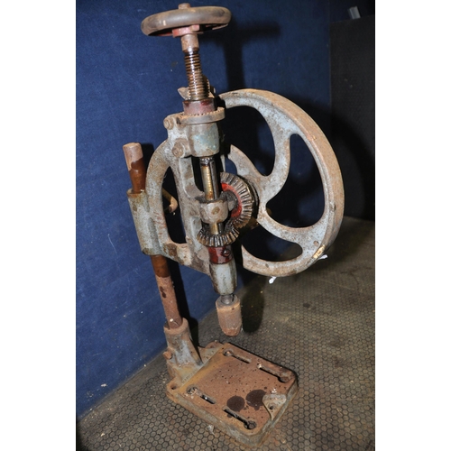 1059 - A VINTAGE MANCUNA A2X DRILL PRESS and a vintage cast iron pipe clamp (both rusted and all operations... 