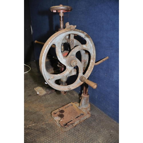 1059 - A VINTAGE MANCUNA A2X DRILL PRESS and a vintage cast iron pipe clamp (both rusted and all operations... 