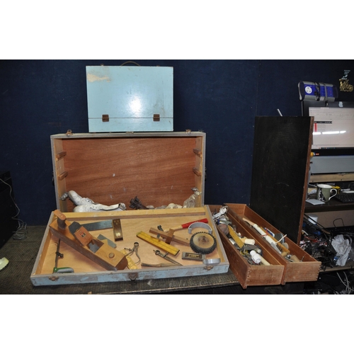 1064 - TWO BESPOKE WOODEN CARPENTERS TOOLBOX CONTAINING TOOLS including a wooden Salmen plane, divider, cal... 