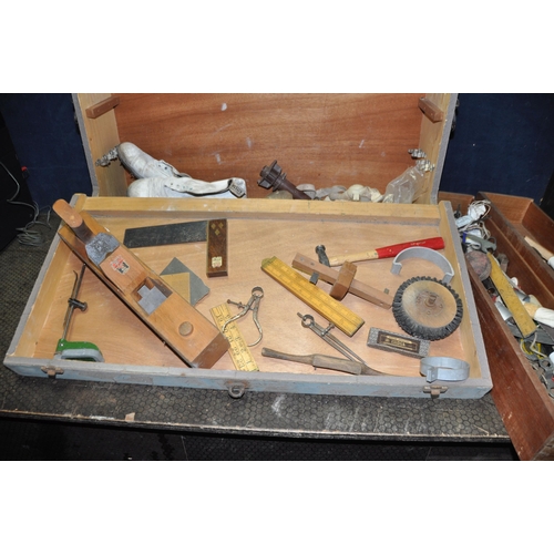 1064 - TWO BESPOKE WOODEN CARPENTERS TOOLBOX CONTAINING TOOLS including a wooden Salmen plane, divider, cal... 