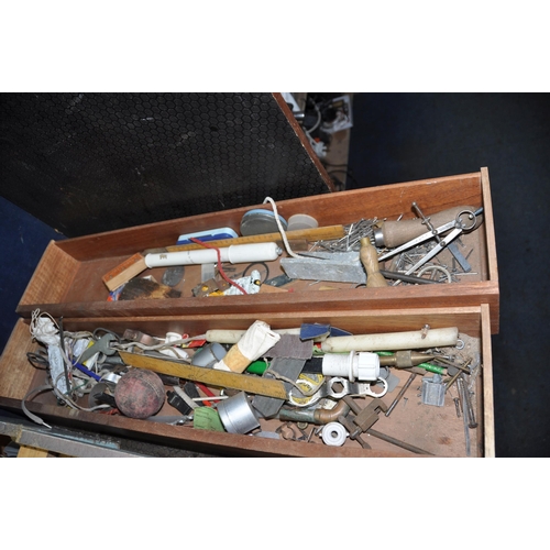 1064 - TWO BESPOKE WOODEN CARPENTERS TOOLBOX CONTAINING TOOLS including a wooden Salmen plane, divider, cal... 