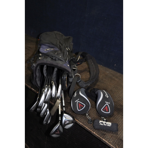 1068 - A GOLF BAG CONTAINING CALLAWAY,PING AND TAYLOR MADE CLUBS including 3,4,5,6,7,8,9,S and P, a Zing pu... 