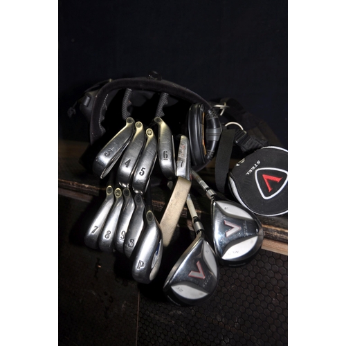 1068 - A GOLF BAG CONTAINING CALLAWAY,PING AND TAYLOR MADE CLUBS including 3,4,5,6,7,8,9,S and P, a Zing pu... 