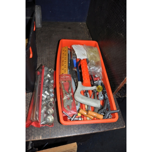 1078 - TWO TOOLBOXES AND A SAW TABLE CONTAINING TOOLS including Sandvik Quick clamps, a new Stanley brace, ... 