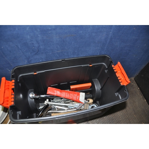 1078 - TWO TOOLBOXES AND A SAW TABLE CONTAINING TOOLS including Sandvik Quick clamps, a new Stanley brace, ... 